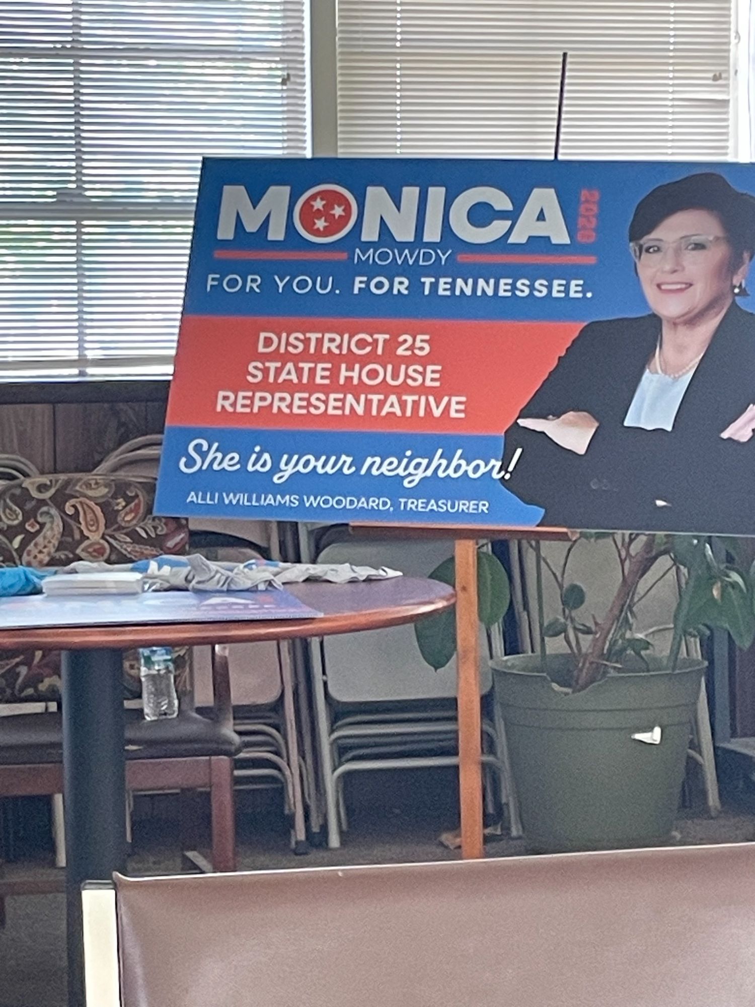 Monica Mowdy 2026 yard sign on display at the Pleasant Hill Meet & Greet