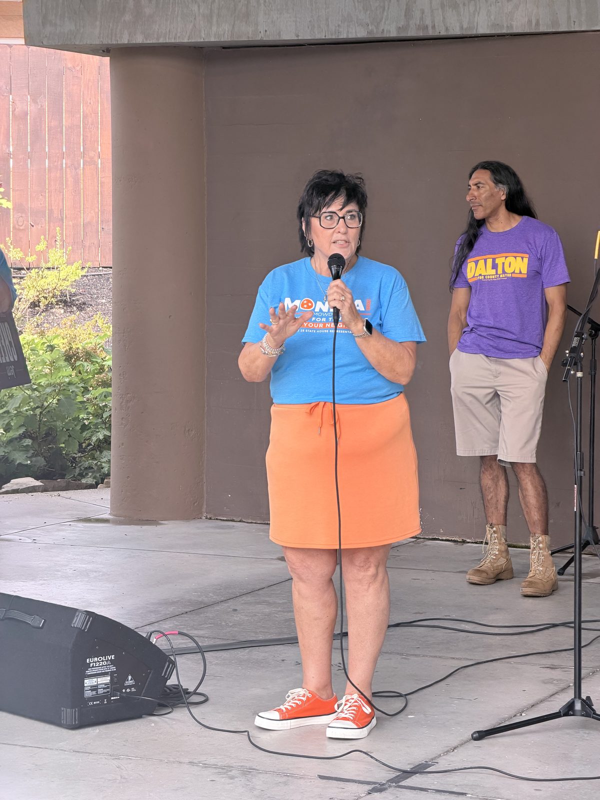 Monica addressing the crowd alongside a fellow candidate in Putnam County