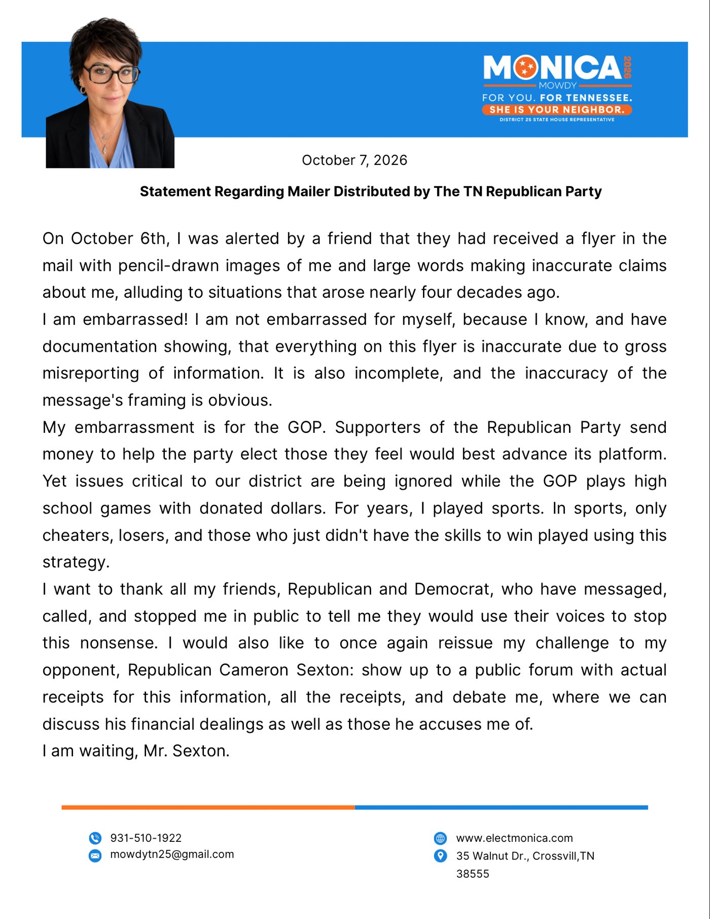 Monica's October 7, 2026 statement regarding a mailer distributed by the TN Republican Party